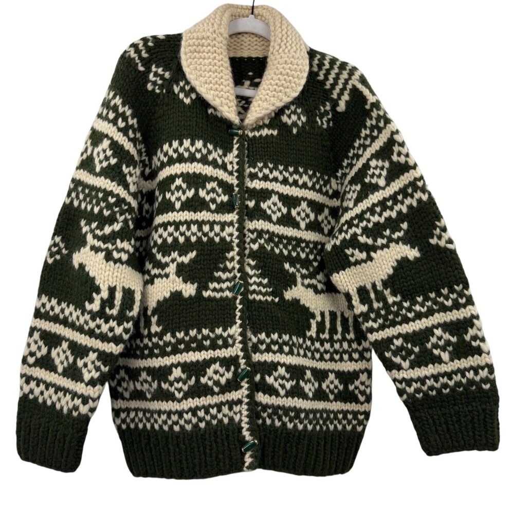 Vintage Fair Isle Wool Sweater Green Cream Reindeer Shawl Collar Cardigan‎ M/L